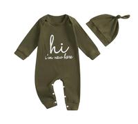 Geagodelia Newborn Baby Boy Hello Im New Here Baby Grow Long Sleeve Romper One Piece Outfit with Hat Cotton Autumn Winter Clothes for Babies (Olive Green, 3-6 Months)
