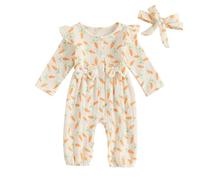Geagodelia Newborn Baby Girl Easter Outfit Bunny Carrot Print Long Sleeve Romper My First Easter Baby Grow Easter Baby Clothes with Headband (Carrots Apricot, 12-18 Months)
