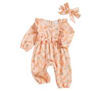 Geagodelia Newborn Baby Girl Easter Outfit Bunny Carrot Print Long Sleeve Romper My First Easter Baby Grow Easter Baby Clothes with Headband (Carrots Light Orange, 6-12 Months)