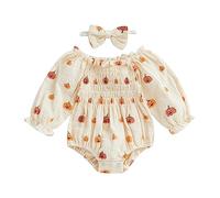 Geagodelia Newborn Baby Girl Halloween Baby Grow Pumpkin Print Long Sleeve Bubble Romper Bodysuit Baby Halloween Outfits Cotton Muslin Clothes for Baby Girls (Light Beige, 6-12 Months)