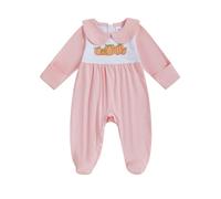 Geagodelia Newborn Baby Girl Halloween Baby Grow with Mittens and Feet Pumpkin Print Peter Pan Collar Long Sleeve Footies Romper My First Halloween Outfit (Solid Pink, 0-3 Months)
