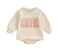 Geagodelia Newborn Baby Girl Infant Spring Autumn Round Neck Outfit Clothes Daddy 'S Girl Letter Printed Long Sleeve Elastic Romper Tracksuit (Beige, 0-3 Months)