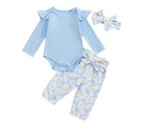 Geagodelia Newborn Baby Girl Spring Fall Outfit Clothes Long Sleeve Ribbed Romper Top Daisy Floral Trouser Headband Set (Blue, 0-3 Months)