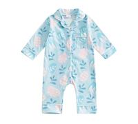 Geagodelia Newborn Easter Outfits Infant Baby Egg Hunt Clothes Long Sleeve Button Down Romper Jumpsuit Bunny Carrot Sleepsuit (Blue, 6-12 Months)