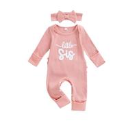 Geagodelia Newborn Girls Little Sister Baby Grows with Built in Mittens Long Sleeve Romper Autumn Winter Clothes Coming Home Outfit with Headband (Ribbed Little Sis Pink, 3-6 Months)