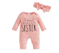 Geagodelia Newborn Girls Little Sister Baby Grows with Built in Mittens Long Sleeve Romper Autumn Winter Clothes Coming Home Outfit with Headband (Ribbed Little Sister Pink, Newborn)