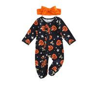 Geagodelia Newborn Girls Zip Up Halloween Baby Grow with Feet Pumpkin Print Long Sleeve Zipper Romper and Headband Set My First Halloween Outfit (Pumpkin Bows Black, 0-3 Months)