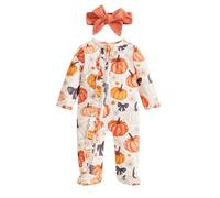 Geagodelia Newborn Girls Zip Up Halloween Baby Grow with Feet Pumpkin Print Long Sleeve Zipper Romper and Headband Set My First Halloween Outfit (Pumpkin Floral Maple Leaf White, 0-3 Months)