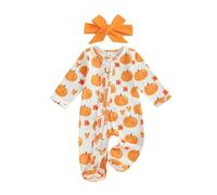 Geagodelia Newborn Girls Zip Up Halloween Baby Grow with Feet Pumpkin Print Long Sleeve Zipper Romper and Headband Set My First Halloween Outfit (Pumpkin Floral White, Newborn)