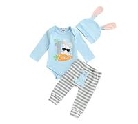 Geagodelia Newborn Infant Baby Boy Girl My 1st First Easter Clothes Set Outfit Long Sleeve Rabbit Romper + Pants + Bunny Ear Hat (Light Blue, 3-6 Months)