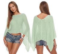 Geagodelia One Side Off the Shoulder Sheer Knit Poncho Tops for Women Sexy See Through Asymmetrical Cape Shawl Crochet Beach Cover Up Summer Lightweight Bolero Shrug (Green, One Size)