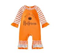 Geagodelia Pumpkin Print Halloween Baby Grow Newborn Girls My First Halloween Outfit Long Sleeve Ruffled Romper Winter Clothes (Striped My First Halloween Orange, 3-6 Months)