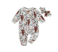 Geagodelia Scottish Highland Cow Baby Grow Newborn Girls Long Sleeve Zip Up Romper Autumn Winter Clothes Coming Home Outfit (Floral White, 3-6 Months)