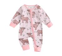 Geagodelia Scottish Highland Cow Baby Grow Newborn Girls Long Sleeve Zip Up Romper Autumn Winter Clothes Coming Home Outfit (Light Rose, 0-3 Months)