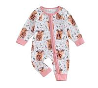 Geagodelia Scottish Highland Cow Baby Grow Newborn Girls Long Sleeve Zip Up Romper Autumn Winter Clothes Coming Home Outfit (White, 0-3 Months)