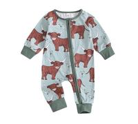 Geagodelia Scottish Highland Cow Baby Grow Newborn Girls Long Sleeve Zip Up Romper Autumn Winter Clothes Coming Home Outfit (Blue Green, 6-12 Months)
