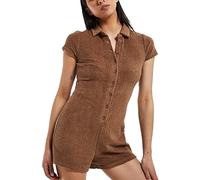 Geagodelia Short Sleeve Jumpsuit for Women Tight Bodycon Button Down Towelling Playsuit Shorts Sexy Unitards Bodysuit Romper Summer One Piece Loungewear Party Festival Outfits (C 01- Brown, XL)