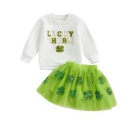 Geagodelia St Patrick's Day Kid Girl Spring Long Sleeve Letter Lucky Embroidery Top Pullover Short Yarn Skirt Set Dress Elastic Outfit Clothes Set (White, 6-12 Months)
