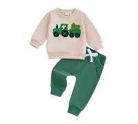 Geagodelia St Patrick's Day Toddler Baby Boy Spring Outfit Long Sleeve Clover Truck Embroidered Pullover Sweatshirt And Solid Pants Casual Irish Clothes 2Pcs Set (Apricot, 12-18 Months)