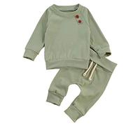 Geagodelia T-8718 Baby Clothing Set Baby Boys Girls Clothing Outfit Long Sleeve T-Shirt Top + Trousers Newborn Soft Plain Baby Set - Green - 0-3 Months