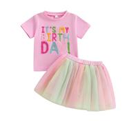 Geagodelia Todder Baby Girl Birthday Clothes Outfits Short Sleeve Letter Embroidery T-Shirt Sweatshirt and Tiered Layered Puffy A-Line Tulle Skirt Pageant Party Princess Dress (Rose, 3-4 Years)