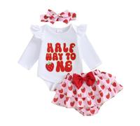 Geagodelia Todder Baby Girl Half Birthday Outfit Long Sleeve 1/2 Letters Embroidery Romper Bodysuit Jumpsuit + Tiered Layered Puffy Strawberry Print Shorts Tutu Skirt + Headband (Pink, 3-6 Months)