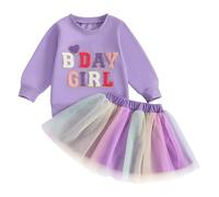 Geagodelia Todder Kids Girls Birthday Clothes Outfits Long Sleeve Letter Embroidery Sweatshirt Pullover and A-Line Tutu Dress Layered Puffy Tulle Skirt Wedding Pageant Party Dress (Purple, 2-3 Years)