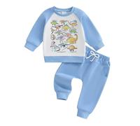 Geagodelia Toddler Baby Boy Fall Winter Outfit Clothes Dinosaur Letter Print Patchwork Sweatshirt Pullover Top Trouser Jogger Clothing Set (Blue, 6-12 Months)