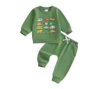 Geagodelia Toddler Baby Boy Fall Winter Outfits Long Sleeve Vehicle Print Sweatshirt Pullover T shirt with Elastic Waist Sweatpants Tracksuit Sets 2Pcs Clothes for Little Boys (Green, 2-3 Years)