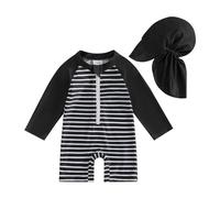Geagodelia Toddler Baby Boy Girl One Piece Swimsuit Marine Animal Print Zipper Long Sleeve Bathing Suit Beachwear Swim Rash Guard UV UPF50 Sun Protection Swimwear with Hat (II-Black, 2-3 Years)