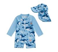 Geagodelia Toddler Baby Boy Girl One Piece Swimsuit Marine Animal Print Zipper Long Sleeve Bathing Suit Beachwear Swim Rash Guard UV UPF50 Sun Protection Swimwear with Hat (KK-Blue, 12-18 Months)