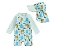 Geagodelia Toddler Baby Boy Girl One Piece Swimsuit Marine Animal Print Zipper Long Sleeve Bathing Suit Beachwear Swim Rash Guard UV UPF50 Sun Protection Swimwear with Hat (J-Green, 6-12 Months)
