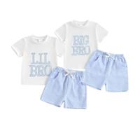 Geagodelia Toddler Baby Boy Matching Brother Summer Outfits Short Sleeve Letter Embroidery T-Shirt Top with Elastic Waist Plaid Shorts Sets 2Pcs Brother Clothes for Little Boys (Blue, 2-3 Years)