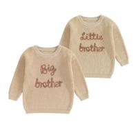 Geagodelia Toddler Baby Boy Matching Brother Sweater Long Sleeve Lil Bro/Big Bro Embroidery Knit Jumpers Sweatshirt Knitted Pullovers Tops Winter Warm Chunky Knitwear (Khaki Lil Bro, 12-18 Months)