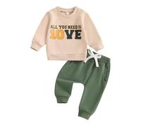 Geagodelia Toddler Baby Boy Outfits All You Need Is Love Sweatshirt Elastic Trouser Little Boys Fall Winter Clothes Tracksuit (Khaki, 12-18 Months)