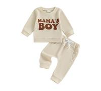 Geagodelia Toddler Baby Boy Spring Fall Outfit Clothes Embroidered Mamas Boy Sweatshirt Jumper Top Trouser Pants Co Ord Clothing Set (Beige, 0-6 Months)