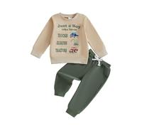Geagodelia Toddler Baby Boy Spring Fall Outfit Clothes Letter Tractor Print Sweatshirt Jumper Top Trouser Jogger Clothing Set (Khaki, 2-3T)