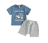 Geagodelia Toddler Baby Boy Spring Summer Outfits Short Sleeve Tractor Letter Print T-Shirt Sweatshirt Top with Elastic Waist Solid Shorts Sets 2Pcs Clothes for Little Boys (Blue Car, 18-24 Months)