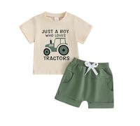 Geagodelia Toddler Baby Boy Spring Summer Outfits Short Sleeve Tractor Letter Print T-Shirt Sweatshirt Top with Elastic Waist Solid Shorts Sets 2Pcs Clothes for Little Boys (Green Car, 3-4 Years)