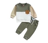 Geagodelia Toddler Baby Boys Fall Winter Outfits Long Sleeve Contrast Color Sweatshirt Pullover T shirt with Elastic Waist Sweatpants Tracksuit Sets 2Pcs Clothes for Little Boys (Green, 2-3 Years)