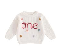 Geagodelia Toddler Baby Girl 1st Birthday Sweater Long Sleeve Knitted Sweatshirt Pullovers Floral Letter Embroidery Knit Jumpers Tops Chunky Knitwear Winter Warm Clothes Outfits (White, 9-12 Months)