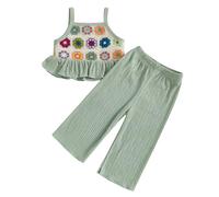 Geagodelia Toddler Baby Girl Clothes Summer Outfits Sets Floral Crochet Plisse Camisole Top and Trousers (Colourful Floral Light Green, 6-12 Months)