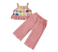 Geagodelia Toddler Baby Girl Clothes Summer Outfits Sets Floral Crochet Plisse Camisole Top and Trousers (Colourful Floral Dark Pink, 12-18 Months)