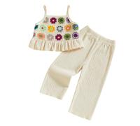 Geagodelia Toddler Baby Girl Clothes Summer Outfits Sets Floral Crochet Plisse Camisole Top and Trousers (Colourful Floral Beige, 2-3 Years)