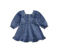 Geagodelia Toddler Baby Girl Denim Dress Little Girls Button Down A-Line Skirt Long Puff Sleeve Ruffle Puffy Hem Pageant Baptism Wedding Evening Birthday Party Princess Dress (Sky Blue, 18-24 Months)