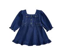 Geagodelia Toddler Baby Girl Denim Dress Little Girls Button Down A-Line Skirt Long Puff Sleeve Ruffle Puffy Hem Pageant Baptism Wedding Evening Birthday Party Princess Dress (Blue, 12-18 Months)