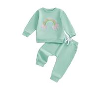 Geagodelia Toddler Baby Girl Fall Winter Outfits Long Sleeve Rainbow Print Sweatshirt Pullover T shirt with Elastic Waist Sweatpants Tracksuit Sets 2Pcs Clothes for Little Girls (Cyan, 18-24 Months)