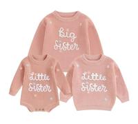 Geagodelia Toddler Baby Girl Matching Sister Sweater Long Sleeve Lil Sis/Big Sis Embroidery Knitted Pullovers Tops Knit Jumpers Sweatshirt Winter Warm Chunky Knitwear (Pink Lil Romper, 0-3 Months)
