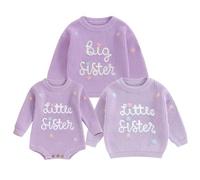 Geagodelia Toddler Baby Girl Matching Sister Sweater Long Sleeve Lil Sis/Big Sis Embroidery Knitted Pullovers Tops Knit Jumpers Sweatshirt Winter Warm Chunky Knitwear (Purple Lil Romper, 6-9 Months)