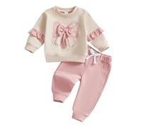 Geagodelia Toddler Baby Girl Outfits 3D Bow Love Mom Print Sweatshirt Solid Color Joggers Trouser Fall Winter Cute Clothes Set (Pink, 0-6 Months)